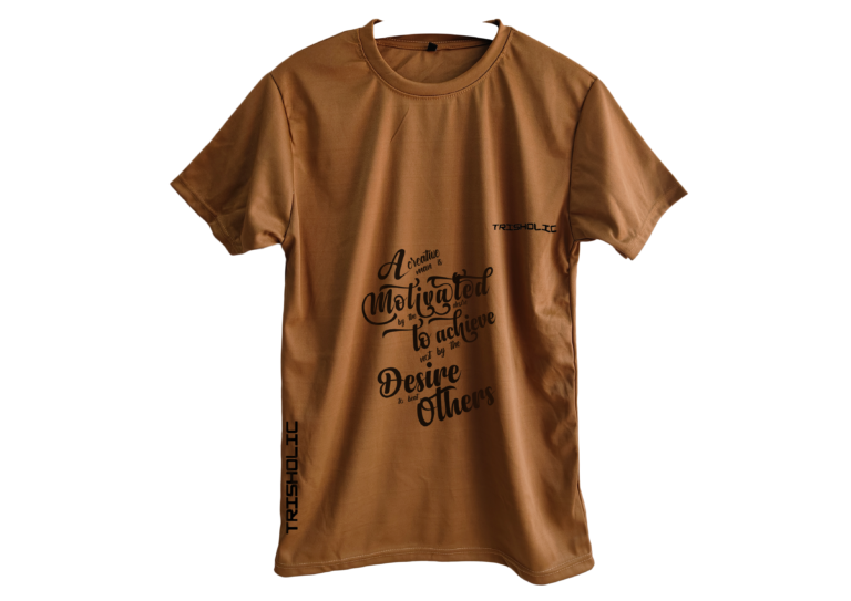 Minimalist white Trisholic shirt with the quote “Discipline Over Motivation” in sharp black type.
