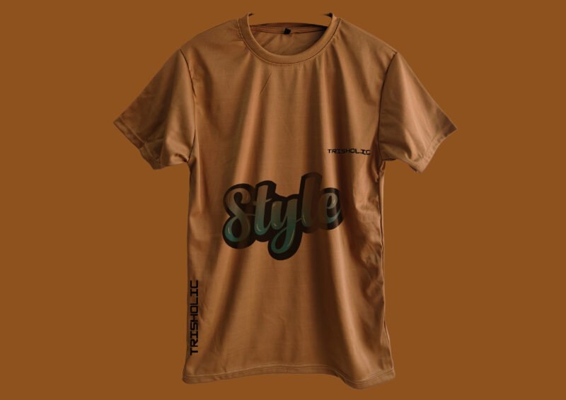 Person relaxing outdoors in peach Trisholic printed t-shirt