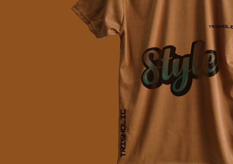 Close-up of printed graphic on Trisholic peach t-shirt