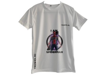 "White oversized round neck t-shirt with bold Iron Man graphic design"