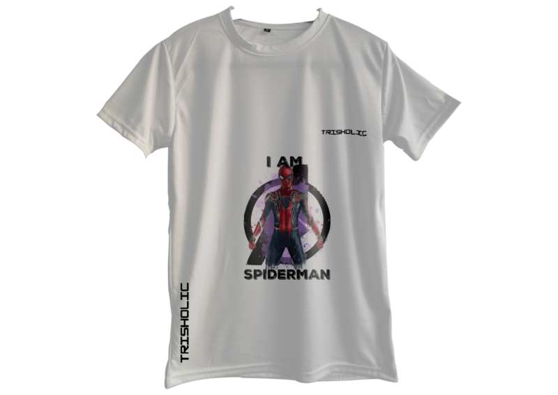 "White oversized round neck t-shirt with bold Iron Man graphic design"