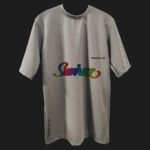 "Sunrise text design on dusty gray oversized t-shirt"