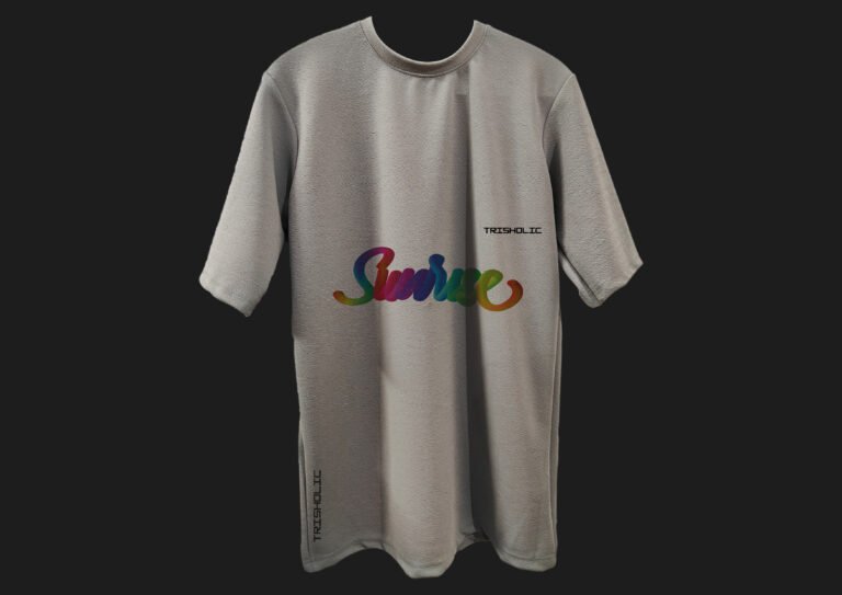 "Sunrise text design on dusty gray oversized t-shirt"