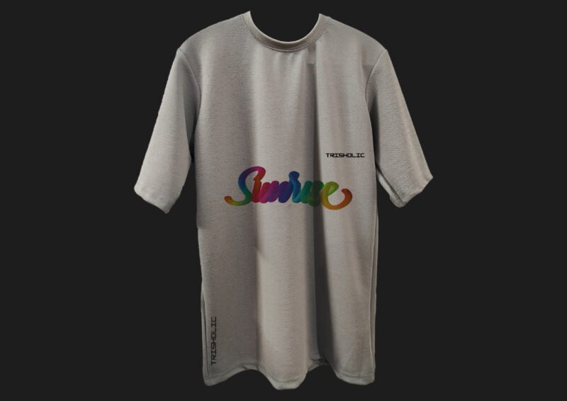 "Sunrise text design on dusty gray oversized t-shirt"