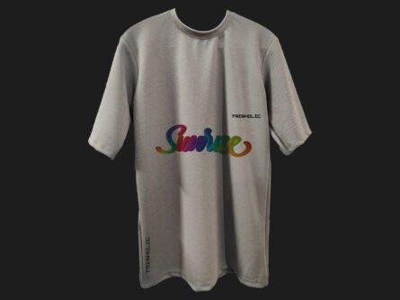 "Sunrise text design on dusty gray oversized t-shirt"