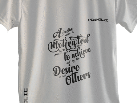 Black Trisholic t-shirt with bold white quote “Hustle Hard Stay Humble” across the chest.
