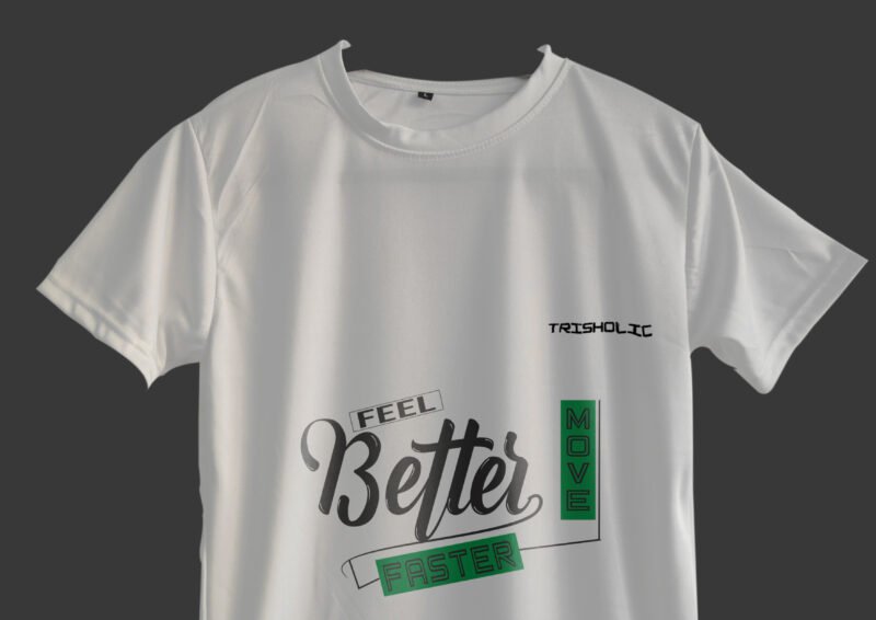 Stack of folded white Feel Better printed t-shirts