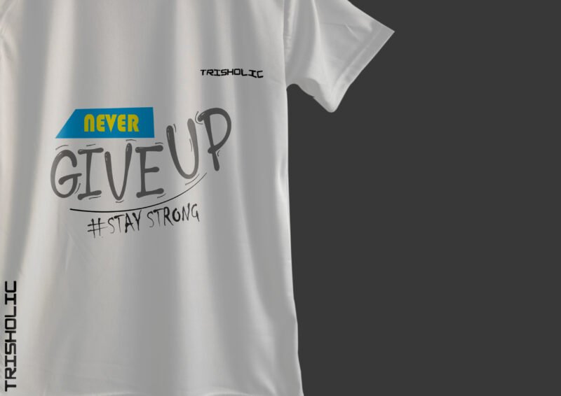Model wearing white Never Give Up printed t-shirt with casual jeans