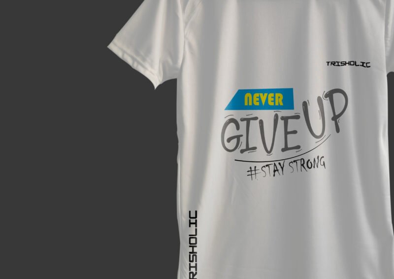 White Never Give Up printed t-shirt with bold front text design