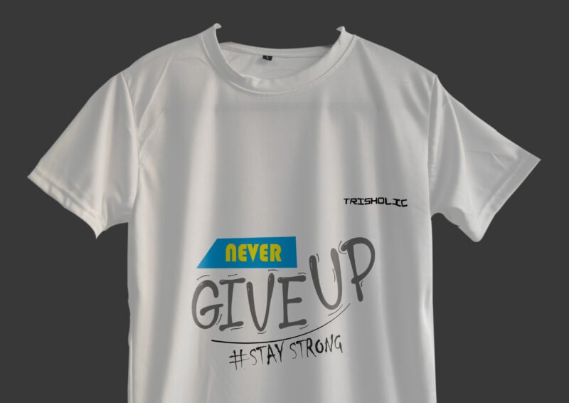 Person relaxing outdoors wearing white Never Give Up t-shirt