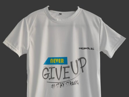 Person relaxing outdoors wearing white Never Give Up t-shirt