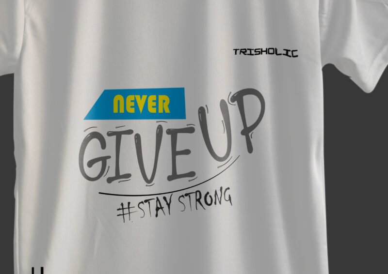 Back side of white Never Give Up printed t-shirt
