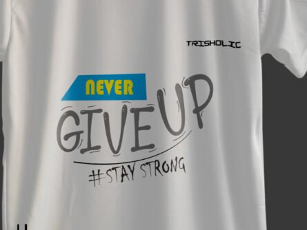 Back side of white Never Give Up printed t-shirt