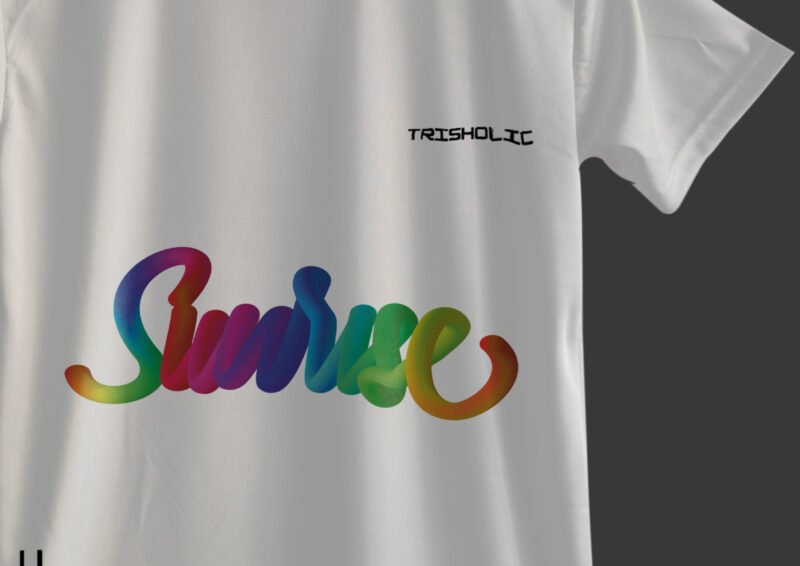 Close-up of “Sunrise” text on white cotton t-shirt