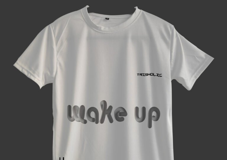 Model wearing white Wake Up printed t-shirt with relaxed fit