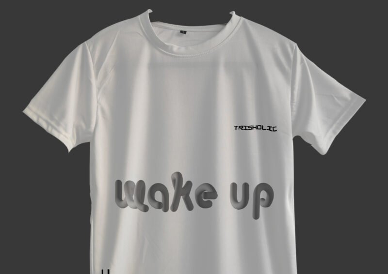 Model wearing white Wake Up printed t-shirt with relaxed fit