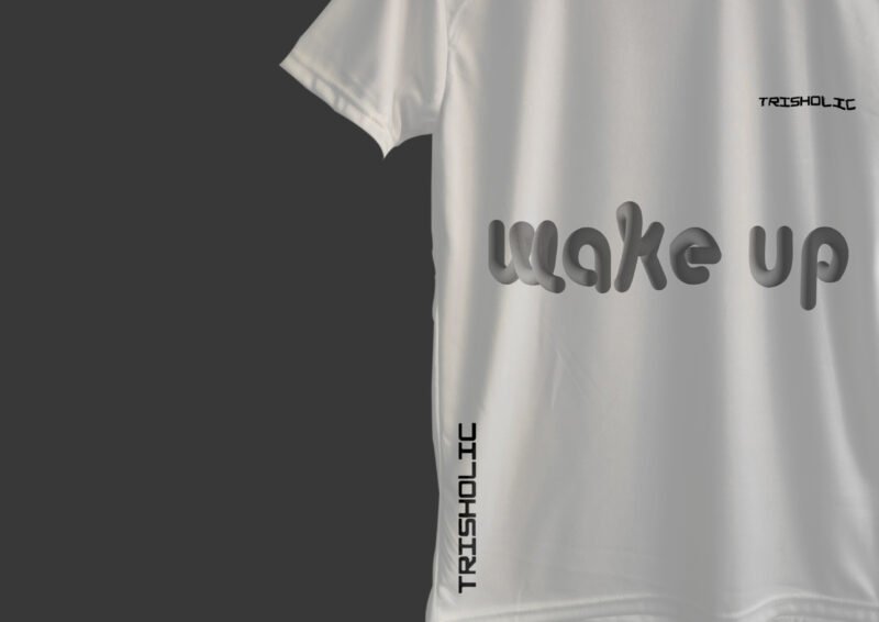 Person relaxing outdoors in a white Wake Up t-shirt