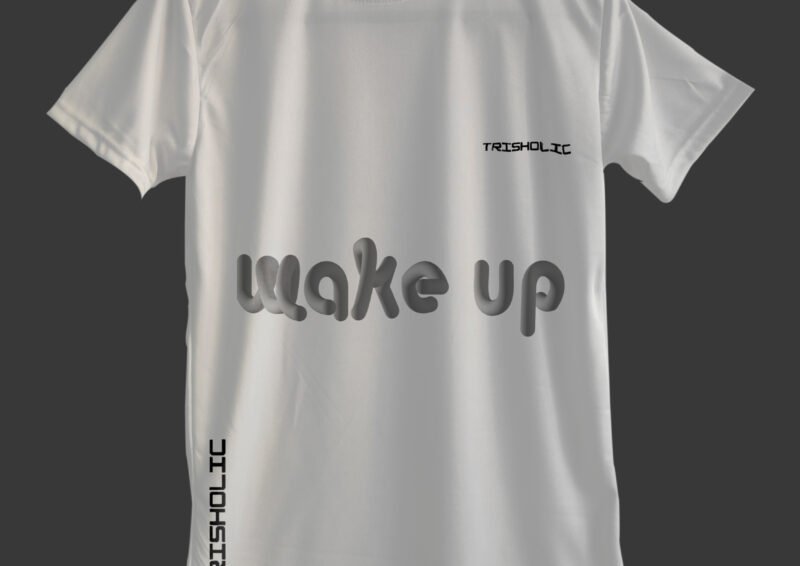 Rear view of white Wake Up printed t-shirt with clean design