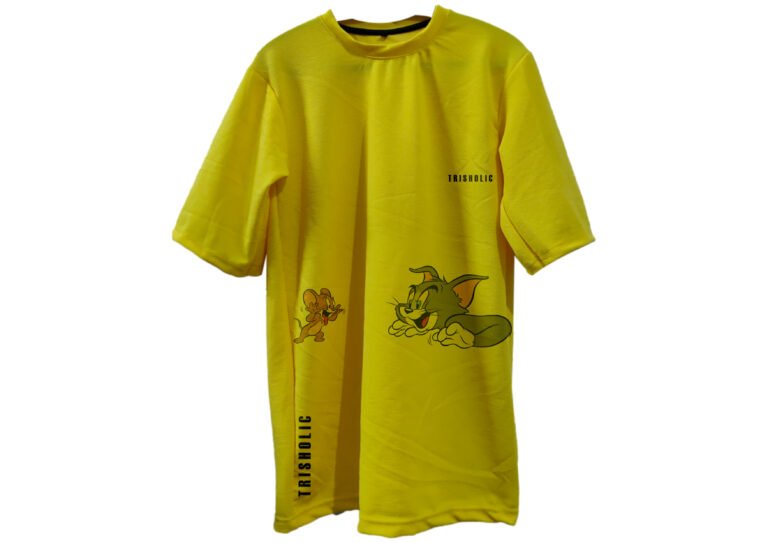 Trisholic white T-shirt with colorful Tom chasing Jerry print.