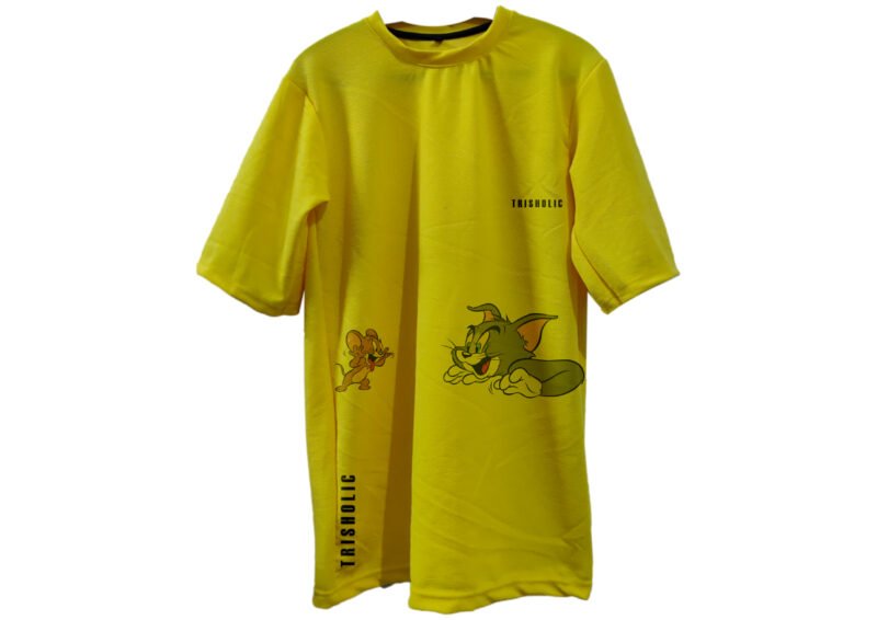 Trisholic white T-shirt with colorful Tom chasing Jerry print.