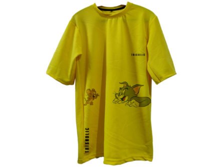 Trisholic white T-shirt with colorful Tom chasing Jerry print.