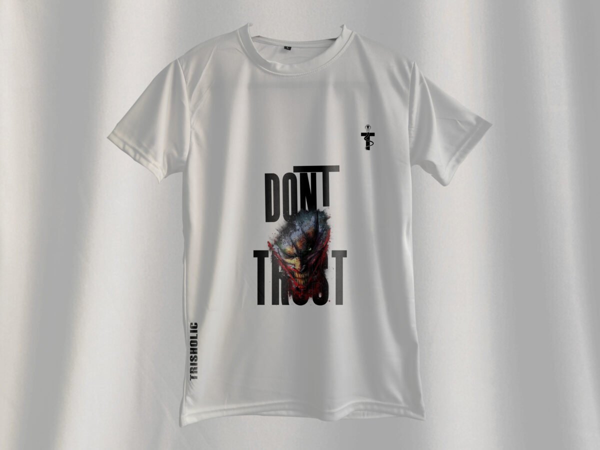 Vector of Joker’s face with bold “Don’t Trust” text across the eyes