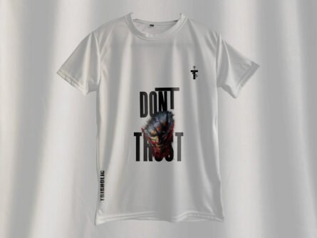 Vector of Joker’s face with bold “Don’t Trust” text across the eyes