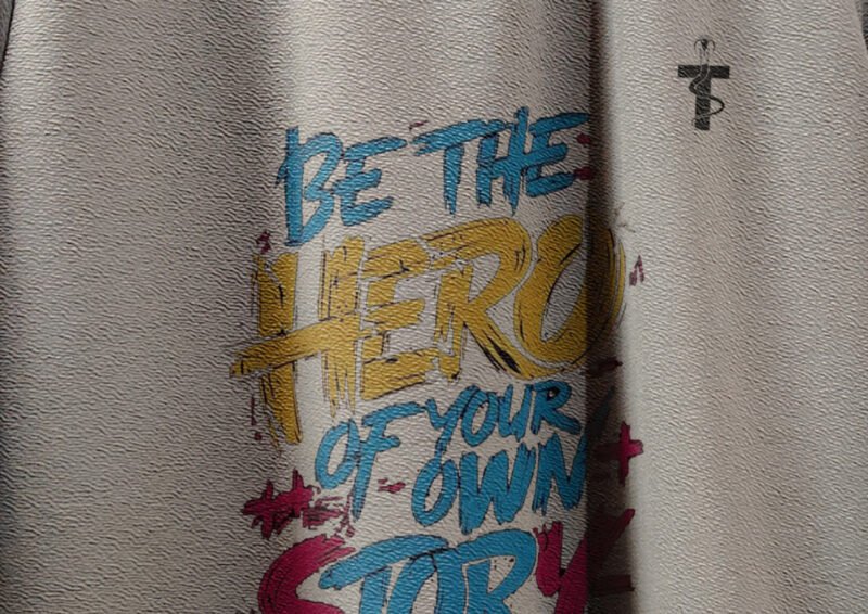 Back of oversized Be the Hero t-shirt