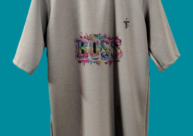 Rear of oversized t-shirt with Boss quote print
