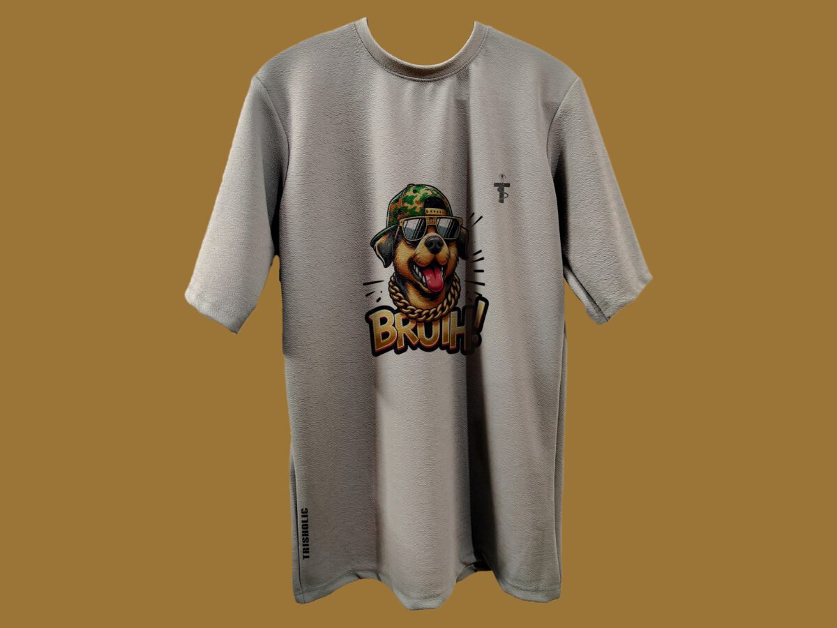 Grey oversized tee with Bruih quote and dog graphic on chest