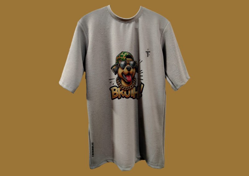 Grey oversized tee with Bruih quote and dog graphic on chest