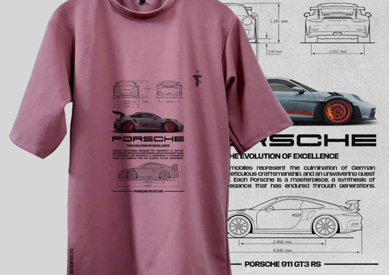 Model side pose wearing pastel Porsche print t-shirt
