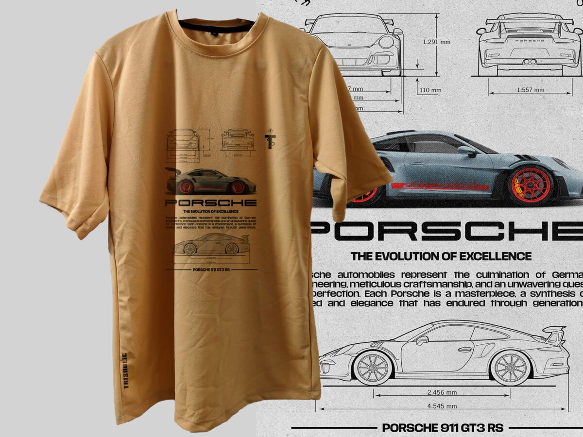 Front view of golden sand Porsche GT3 RS t-shirt hanging