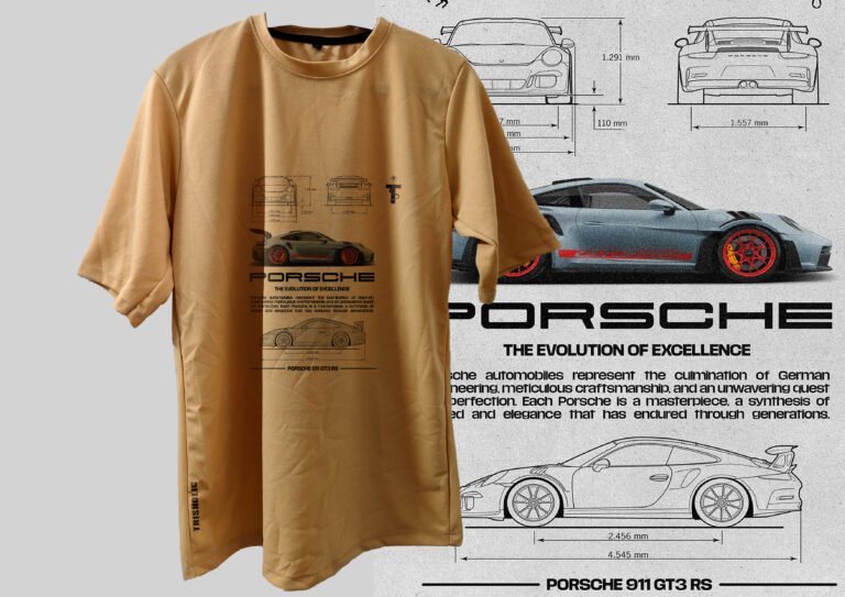 Front view of golden sand Porsche GT3 RS t-shirt hanging