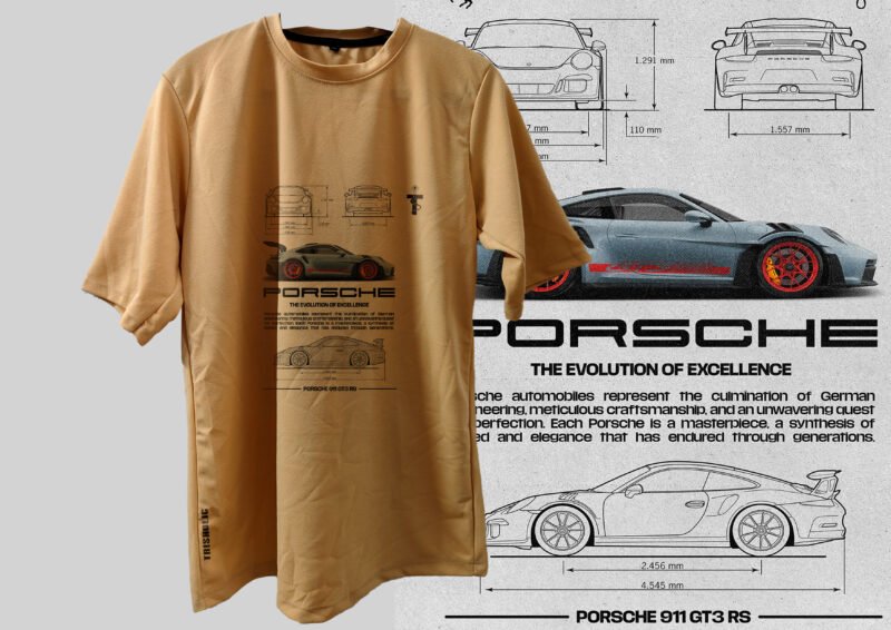 Front view of golden sand Porsche GT3 RS t-shirt hanging
