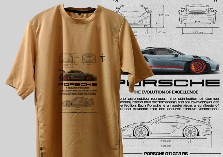 Male and female in matching golden Porsche tees