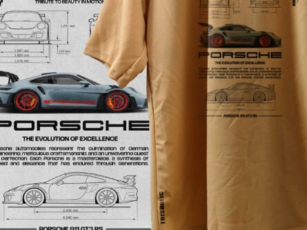 Rear view of golden sand Trisholic Porsche tee