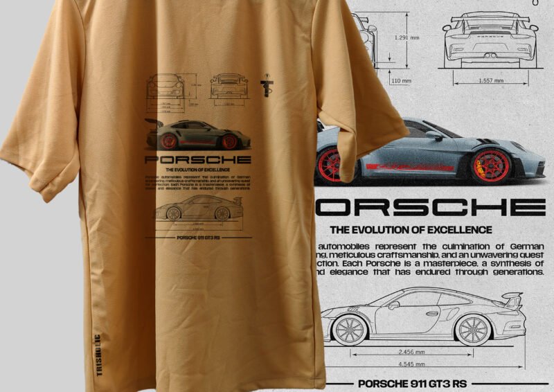 Side view of person wearing golden sand Porsche t-shirt