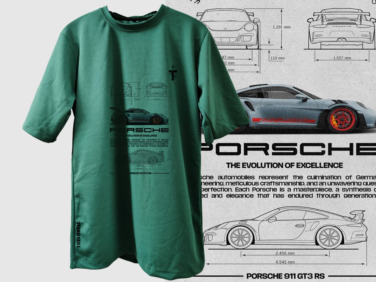 Close-up of Porsche car design on green tee