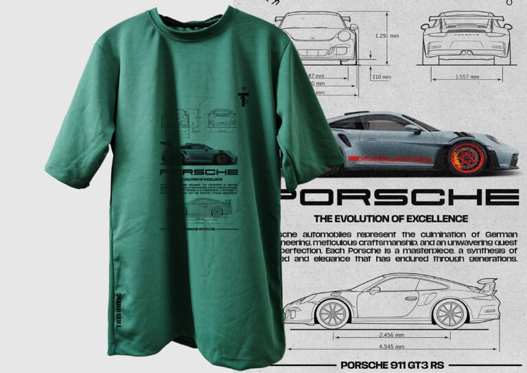 Close-up of Porsche car design on green tee