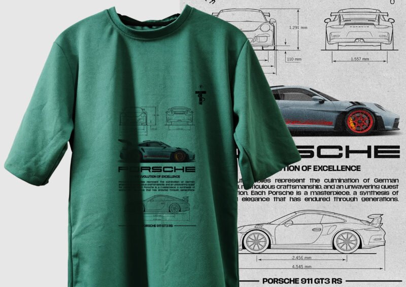 Side pose model wearing green Porsche t-shirt