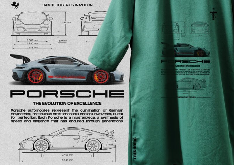 Green Trisholic t-shirt with Porsche GT3 RS design on hanger