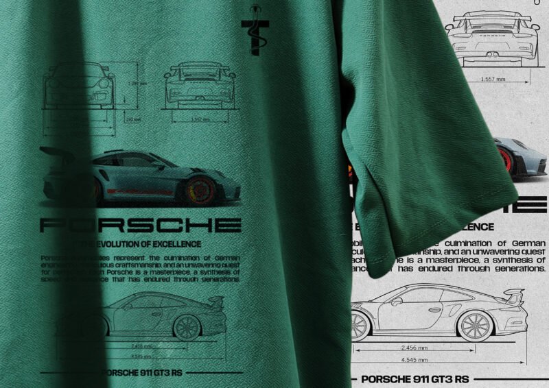 Two models in green Porsche graphic t-shirts