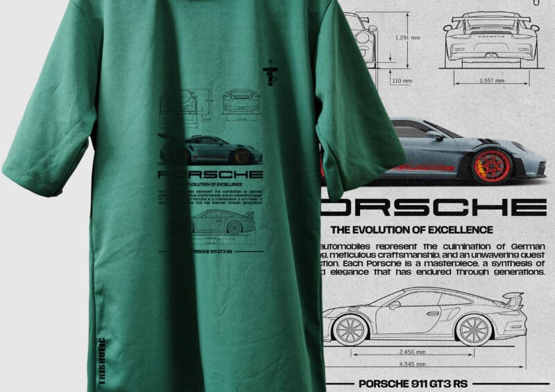 Back of green oversized Porsche tee