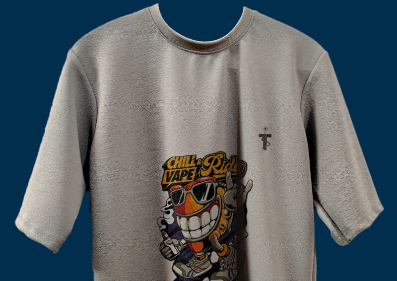 Trisholic grey tee with “Chill Vibe Threat” glitch-style print