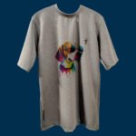 Front view of Trisholic grey tee with multicolor dog print