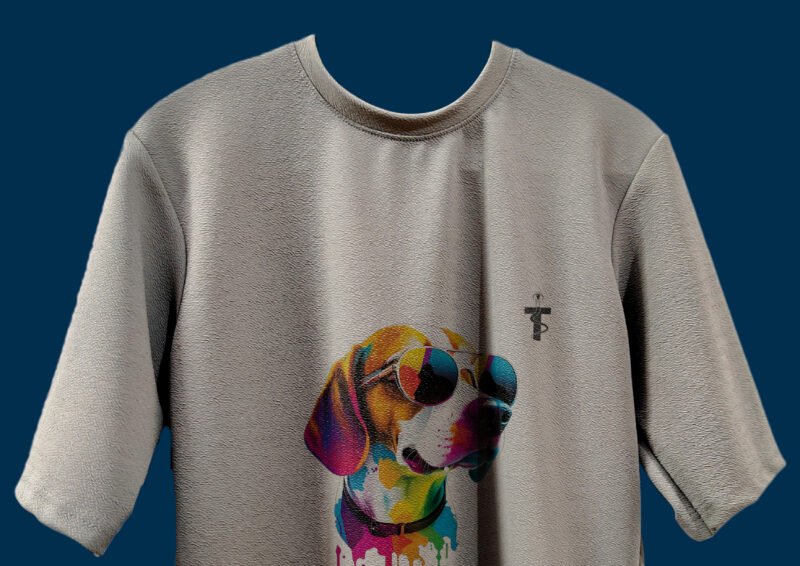 Flat lay of tee with colorful items and sunglasses