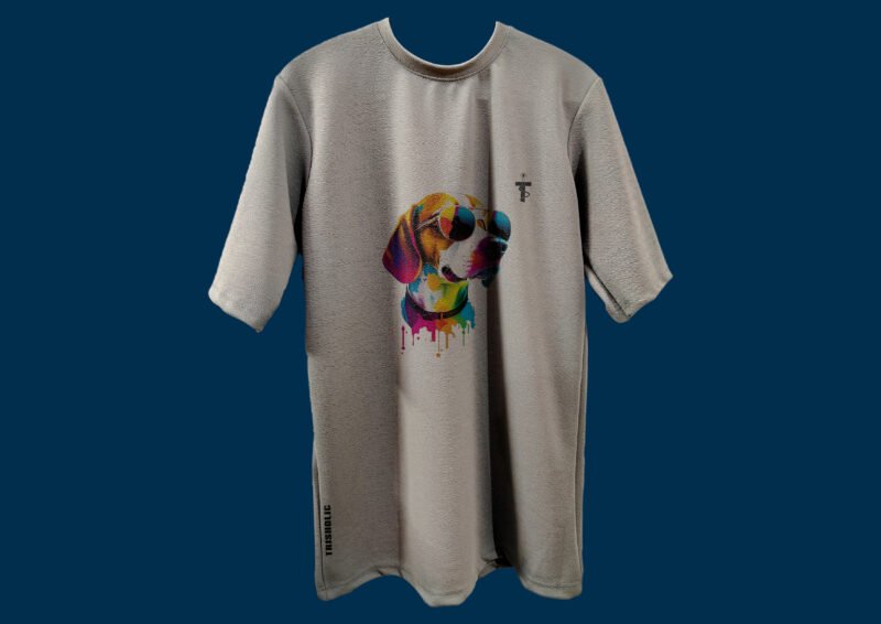 Front view of Trisholic grey tee with multicolor dog print