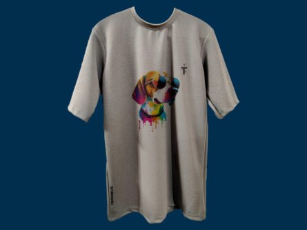Front view of Trisholic grey tee with multicolor dog print