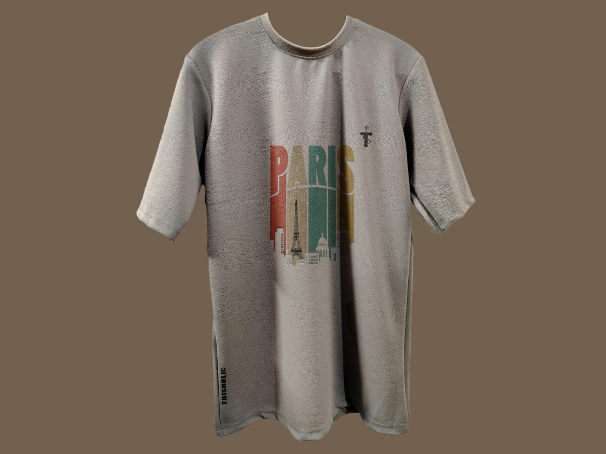 Front view of Paris word printed grey Trisholic t-shirt on hanger